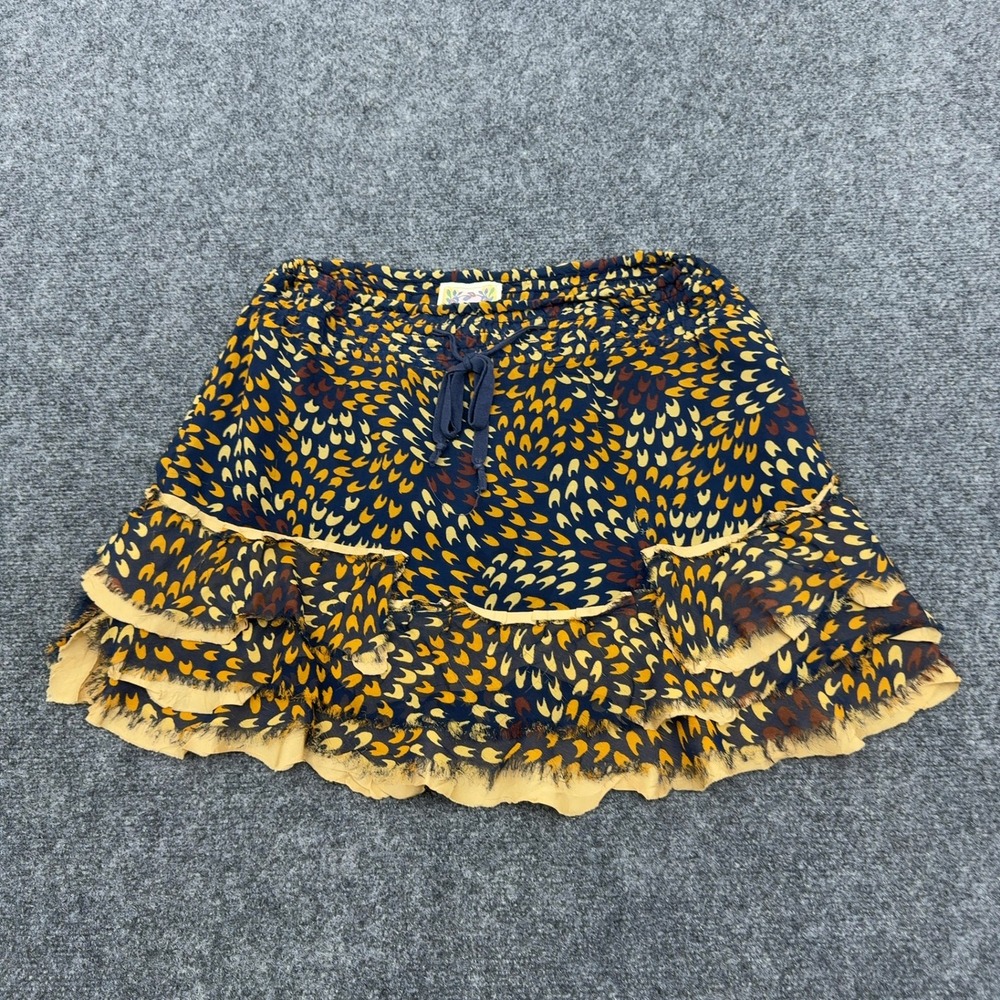 Free People Skirt Womens M Navy Blue Silk Tiered Ruffle Mini Boho Festival Style